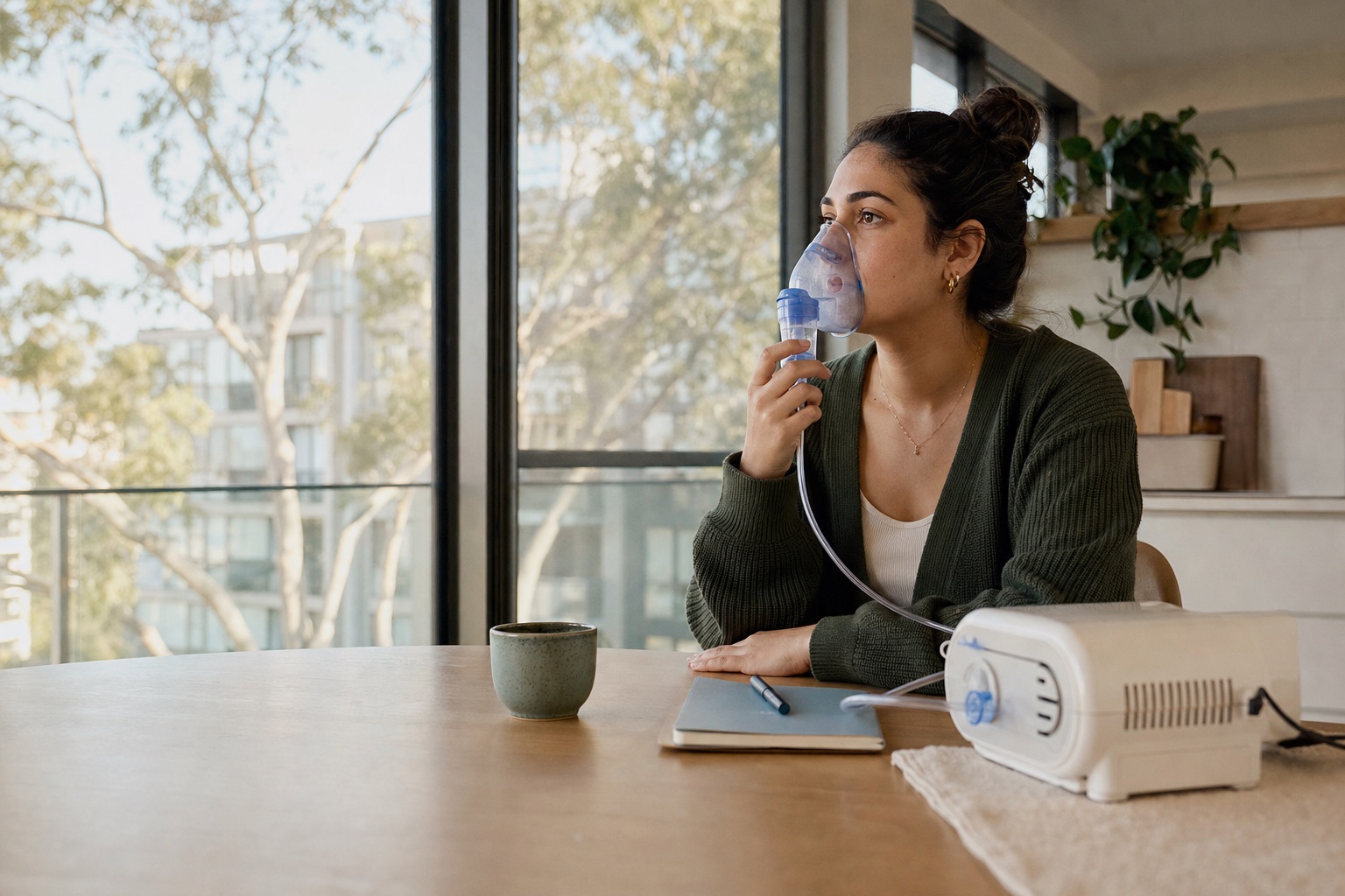 A young Australian woman completing a nebuliser routine at home